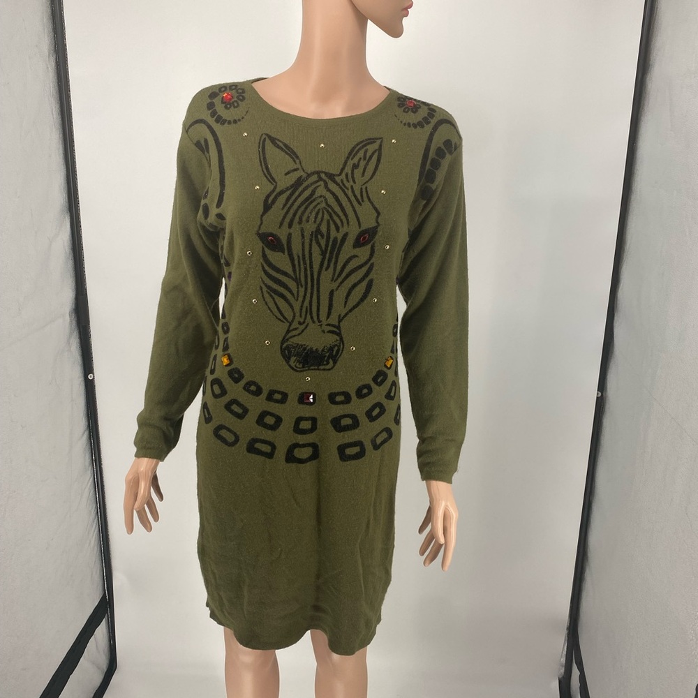 Olive Green Zebra Print Sweater Dress